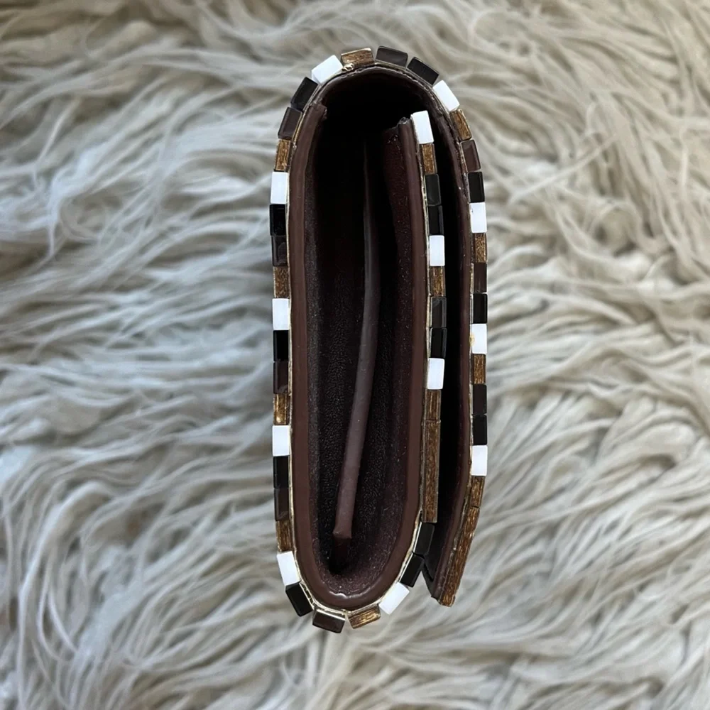 Tory Burch Reyna Multicolor Block Resin Brown Wood Striped Glossy Clutch Bag OS